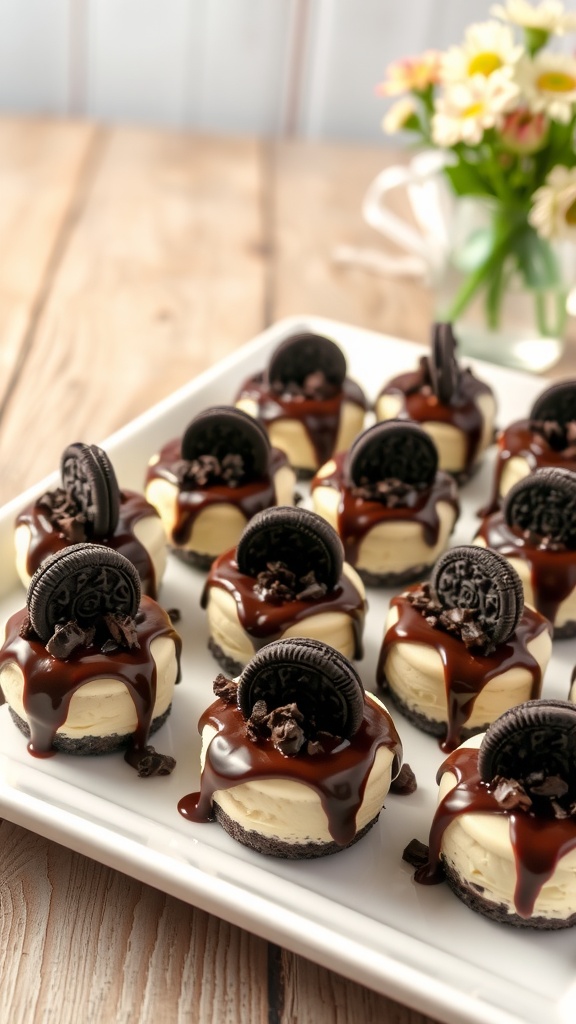 An elegant arrangement of Oreo cheesecake bites, garnished with crushed Oreos and chocolate sauce, on a rustic wooden table.